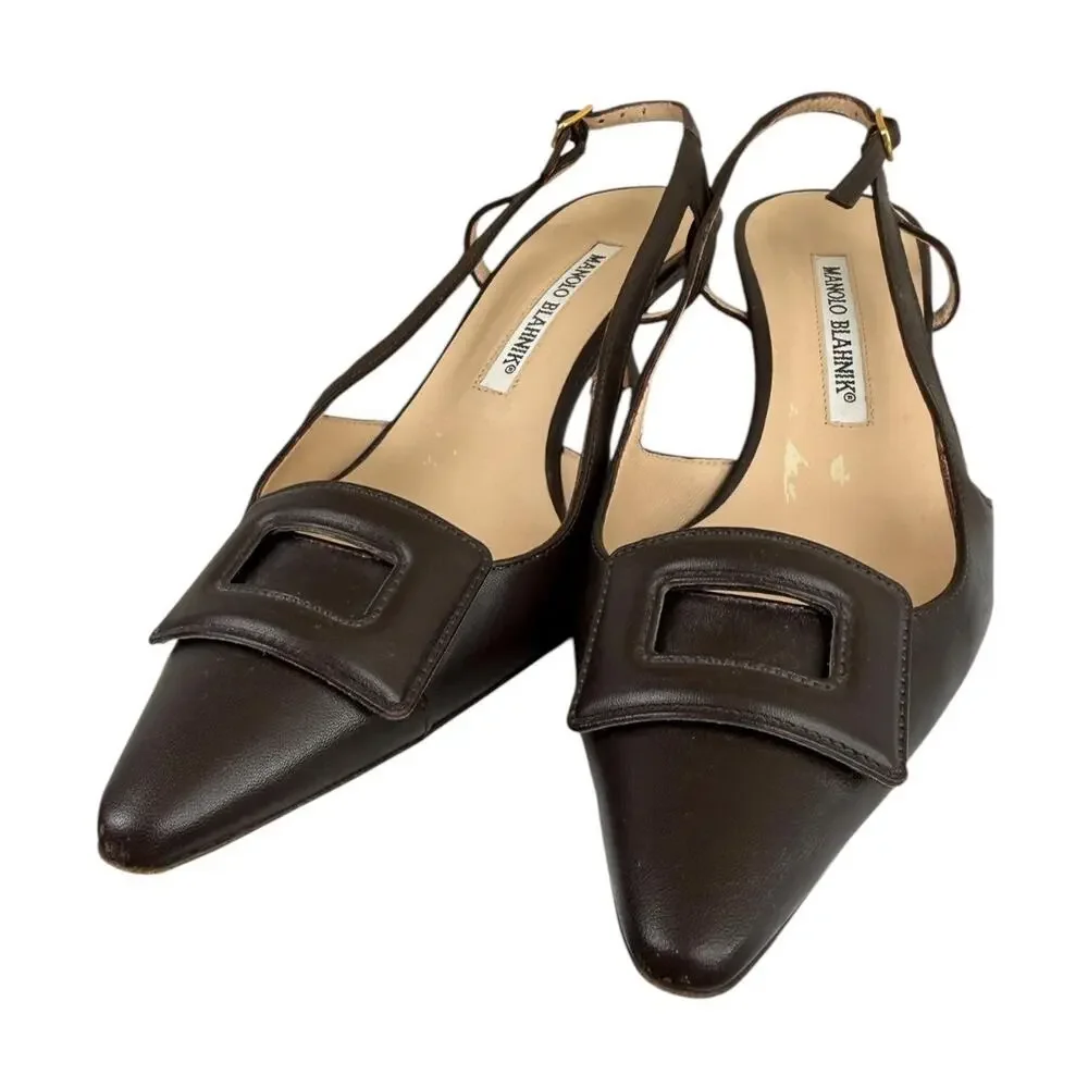 Manolo Blahnik brown leather slingback heels pointed toe buckle detail size 35.5 - Picture 4 of 8